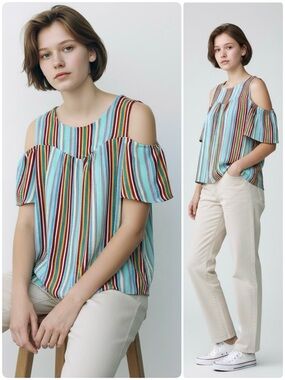 Anthropologie Monteau Cold Shoulder Flutter Sleeve Striped Blouse Keyhole Back